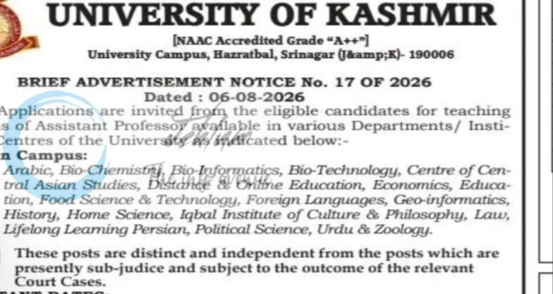 UNIVERSITY OF KASHMIR KU Srinagar Assistant Professor employment opportunities notice 17 OF 2026