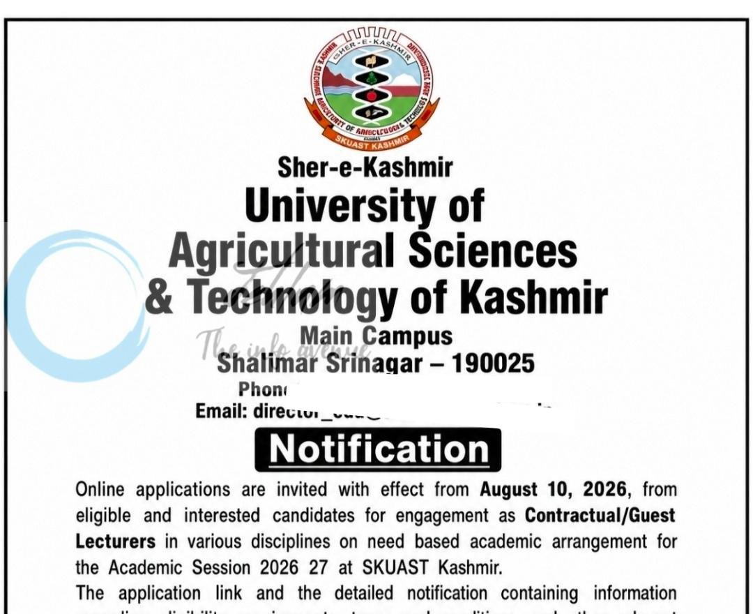 SKUAST Kashmir Contractual Guest Lecturers job opportunities 2026 1 SKUAST Kashmir Contractual Guest Lecturers job opportunities 2026