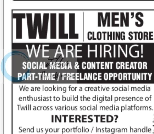 Twill Mens Clothing Store srinagar Social Media Content Creator Job opportunities 2026