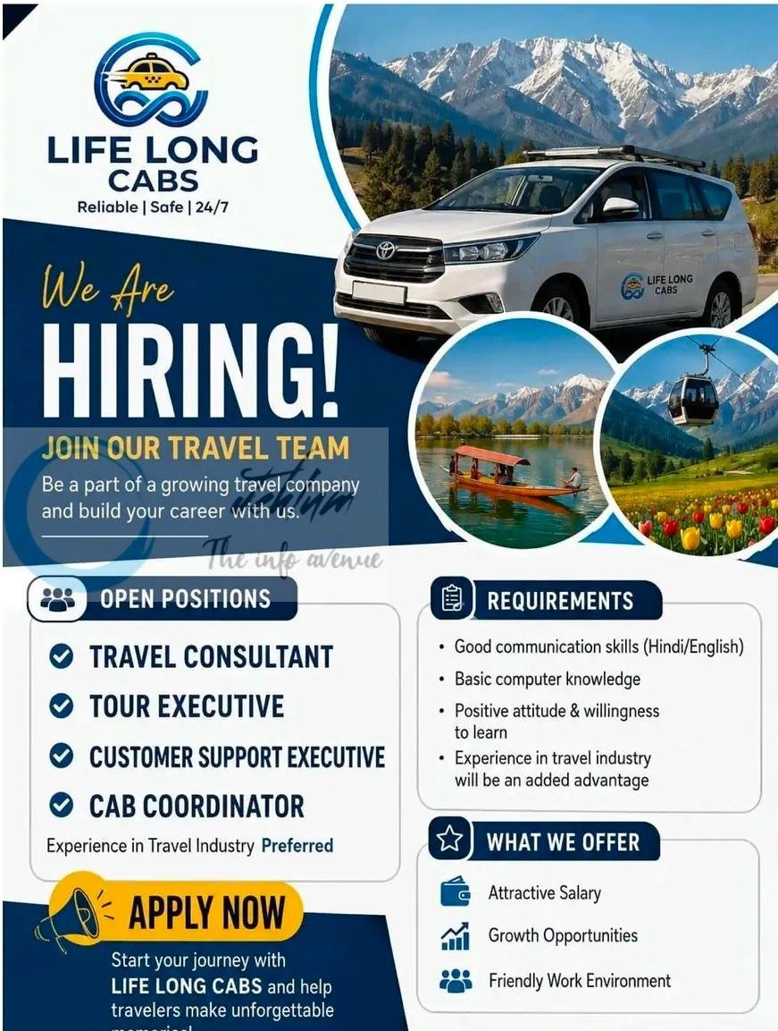 Life Long Cabs LLC Srinagar Travel Consultant Tour Executive Customer Support Executive job opportunities 2026