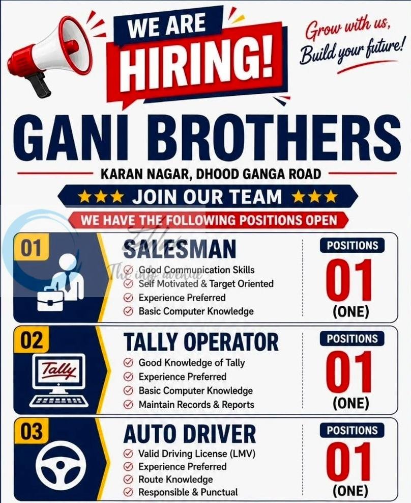 Gani Brothers GB Srinagar Salesman Tally Operator job opportunities 2026