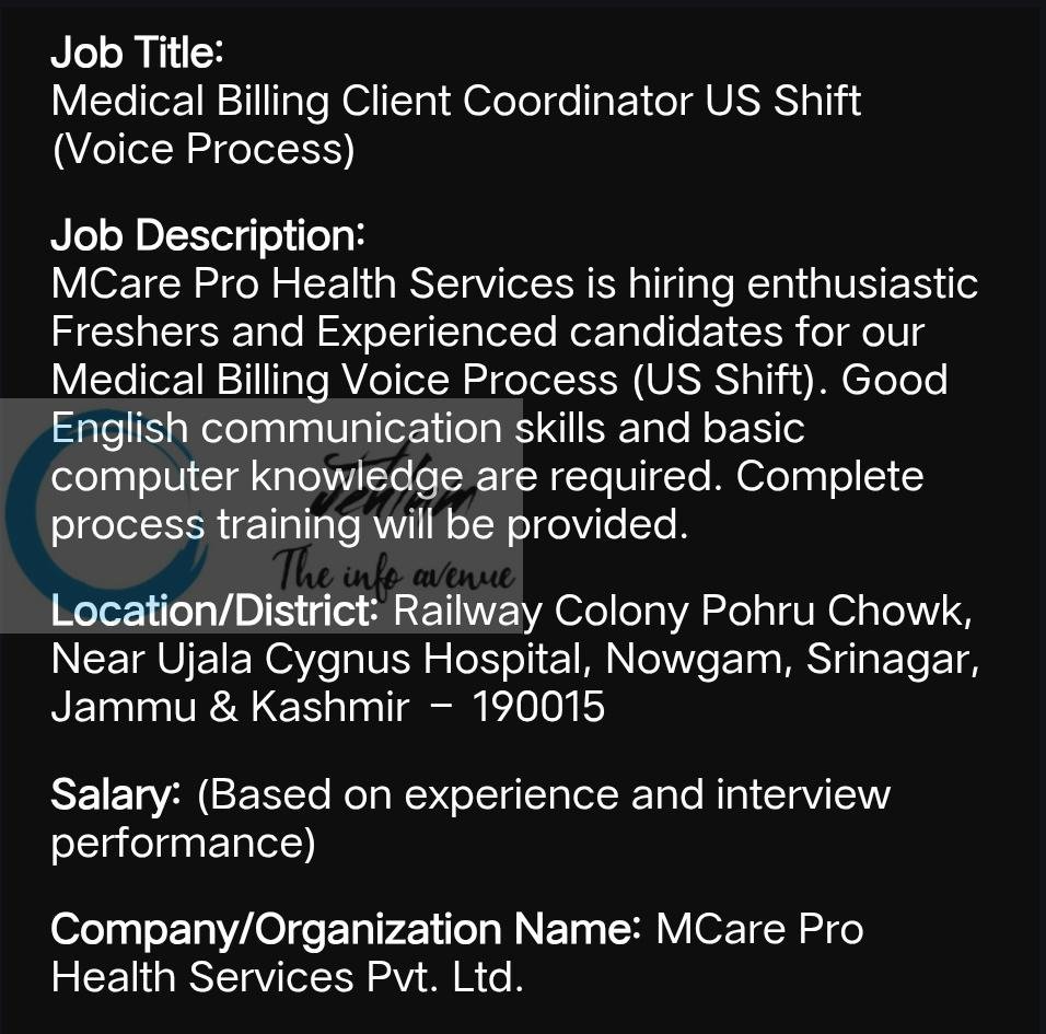 MCare Pro Health Services Pvt Ltd Srinagar Medical Billing Client Coordinator job opportunities 2026 1 MCare Pro Health Services Pvt Ltd Srinagar Medical Billing Client Coordinator job opportunities 2026