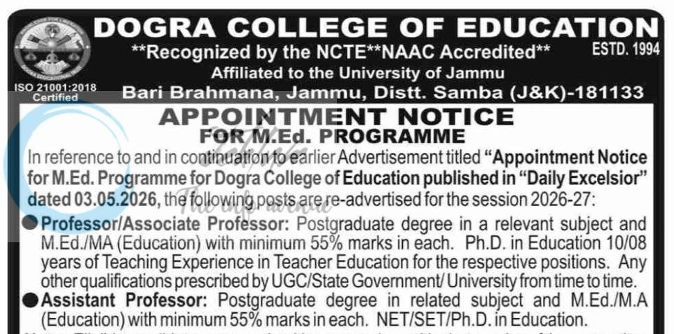 Dogra College of Education DCE Jammu Professor Associate Professor Assistant Professor employment opportunities 2026