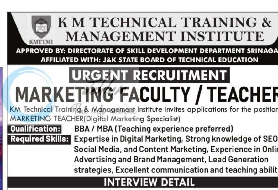 KM Technical Training and Management Institute KMTTMI Srinagar Marketing Faculty job opportunities 2026 1 KM Technical Training and Management Institute KMTTMI Srinagar Marketing Faculty job opportunities 2026