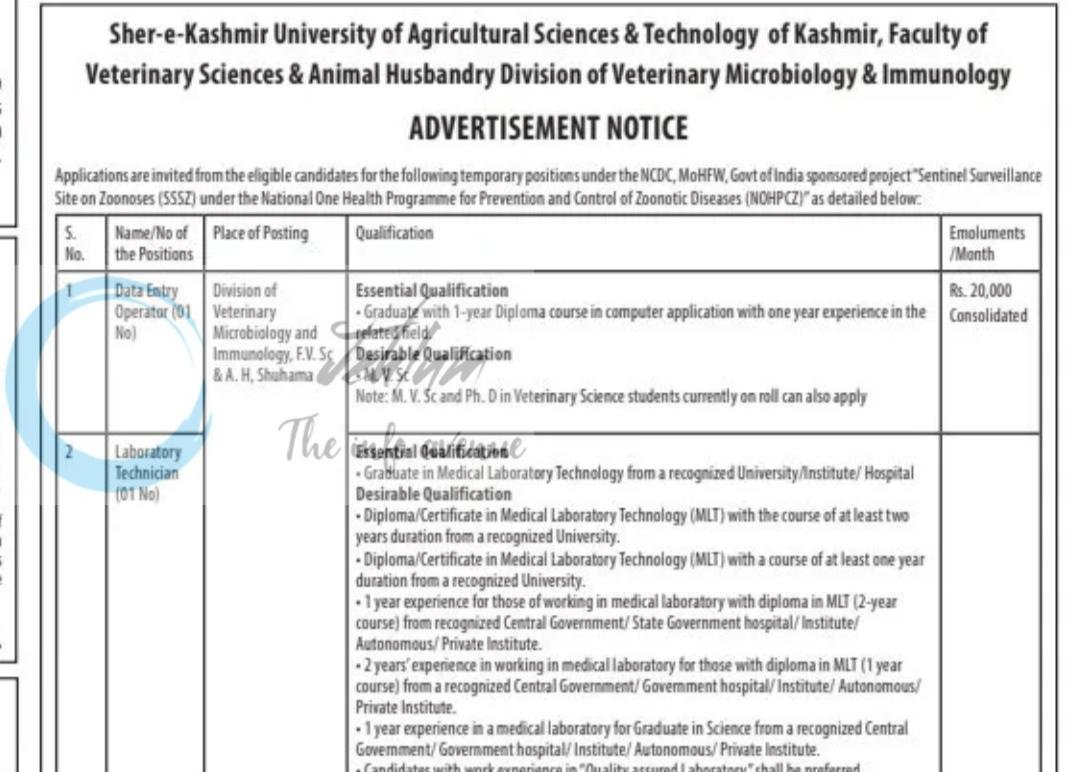 SKUAST Kashmir Shuhama Data Entry Operator Laboratory Technician NCDC Project employment opportunities 2026