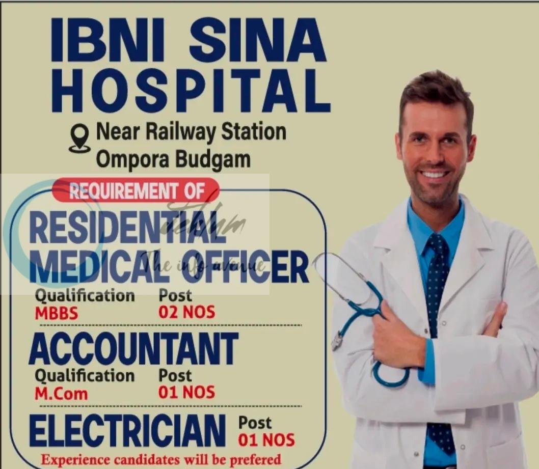 Ibni Sina Hospital Ompora Budgam Residential Medical Officer Accountant Electrician job opportunities 2026