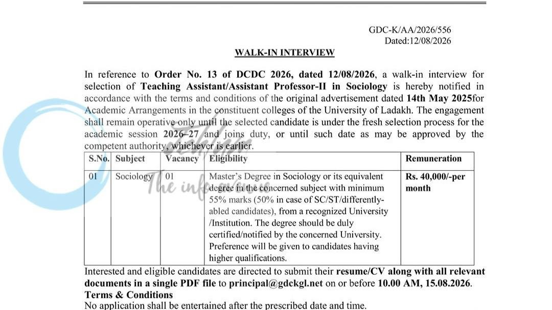Government Degree College Kargil faculty employment opportunities notice GDC-K/AA/2026/556