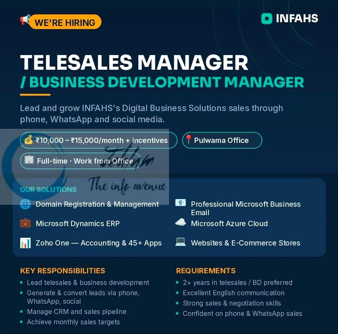 INFAHS Pulwama Telesales Manager Business Development Manager Job opportunities 2026