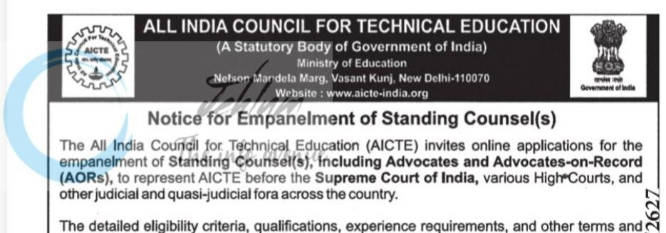 AICTE Standing Counsel employment opportunities notice AICTE/Legal Cell/08/01/2026