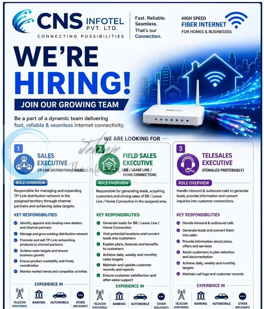 CNS Infotel Srinagar Sales Executive Field Sales Telesales job opportunities 2026