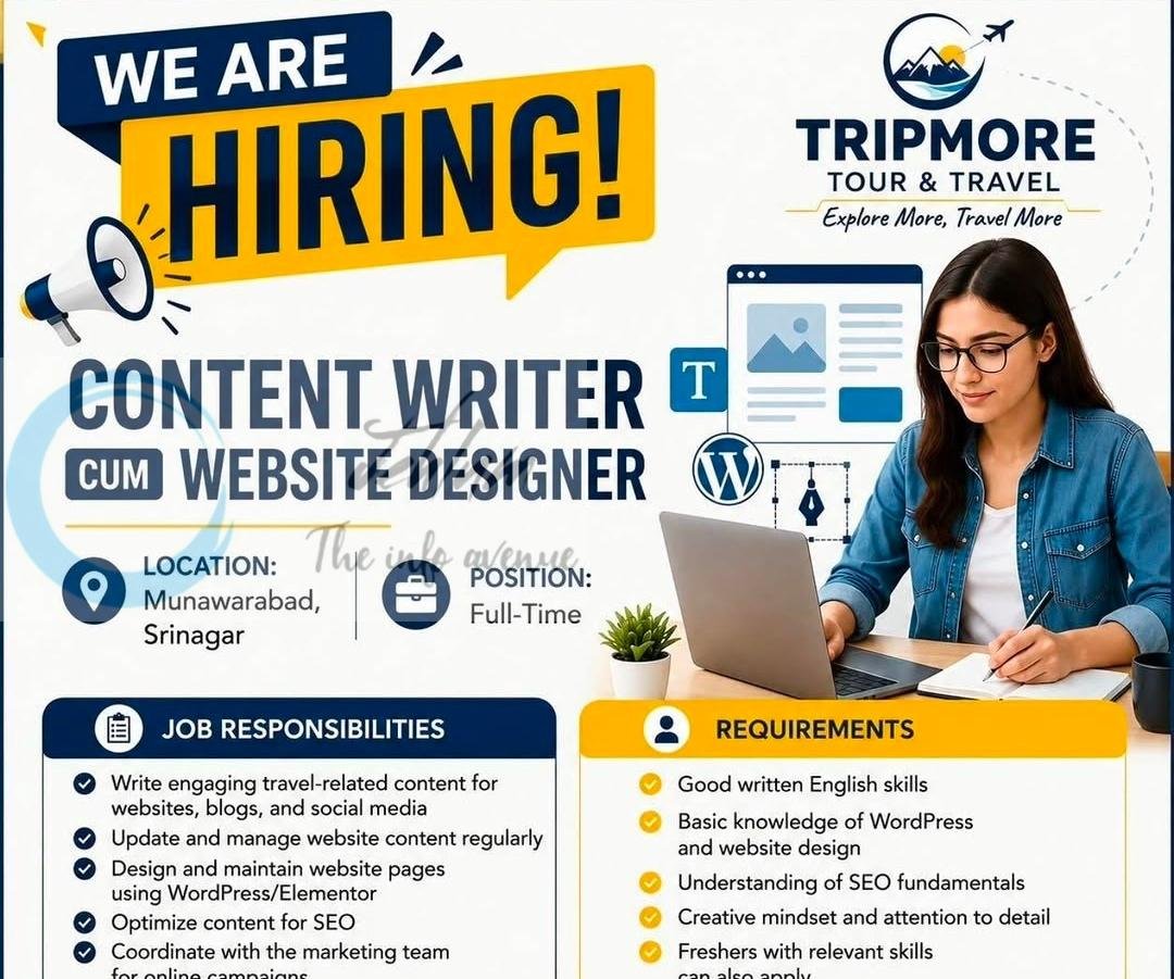 Tripmore Tour and Travel srinagar Content Writer Website Designer job opportunities 2026