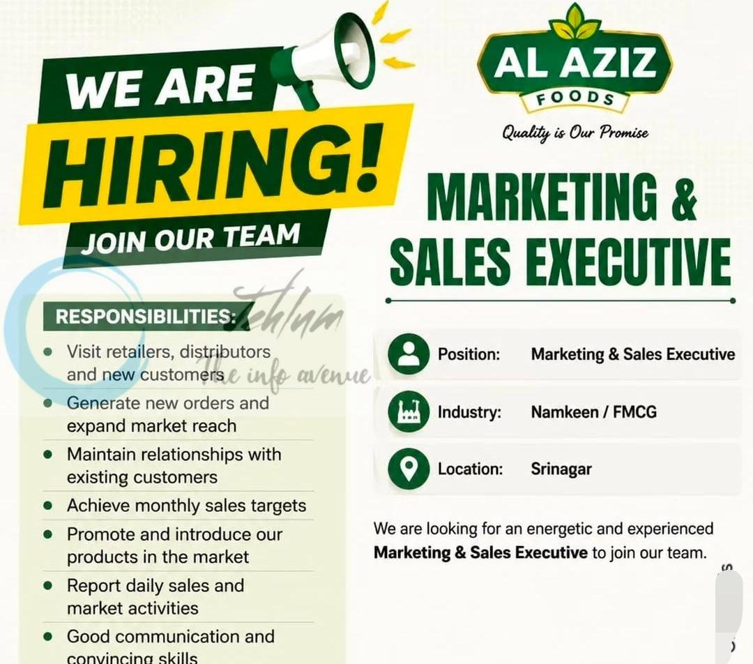 Al Aziz Foods srinagar Marketing Sales Executive job opportunities 2026