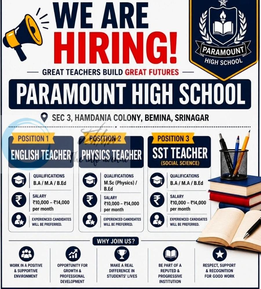 Paramount High School Srinagar Bemina Teaching Job opportunities 2026