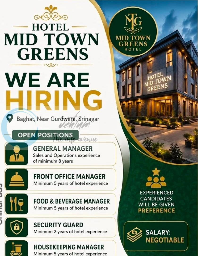 Hotel Mid Town Greens Srinagar staff job opportunities 2026 1 Hotel Mid Town Greens Srinagar staff job opportunities 2026