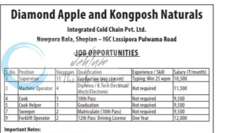 Diamond Apple Kongposh Naturals Cold Chain Shopian Pulwama Supervisor Machine Operator Job opportunities 2026