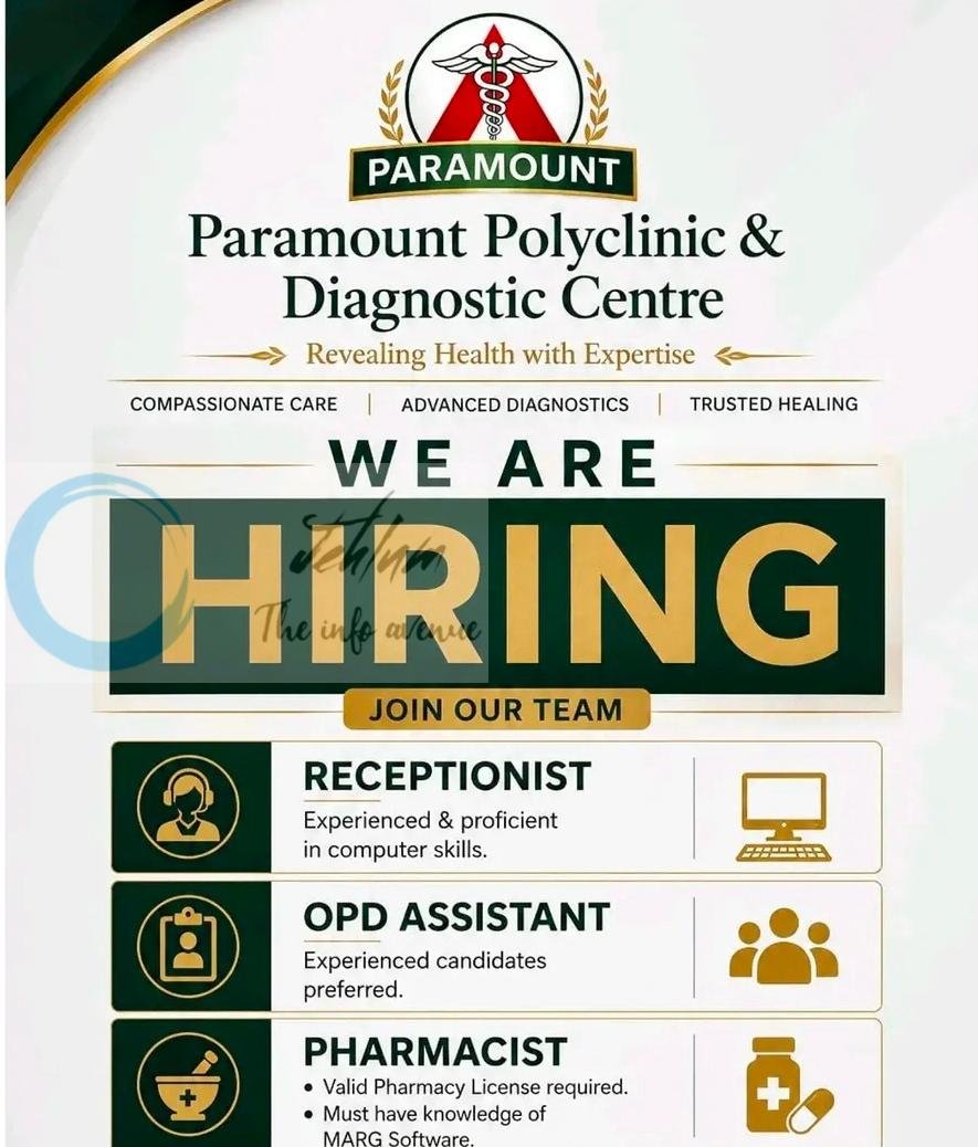 Paramount Polyclinic Diagnostic Centre Srinagar Receptionist OPD Assistant Pharmacist MARG Software Job opportunities 2026