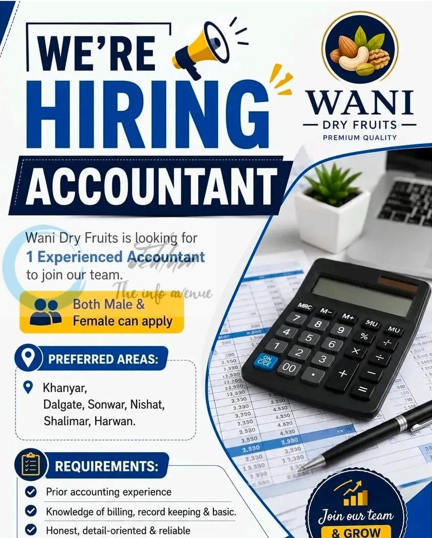 Wani Dry Fruits Srinagar Accountant Job opportunities 2026 1 Wani Dry Fruits Srinagar Accountant Job opportunities 2026