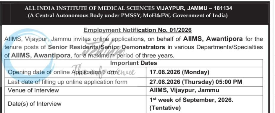 AIIMS Awantipora AIIMS Jammu Senior Residents Senior Demonstrators employment opportunities notice 01/2026