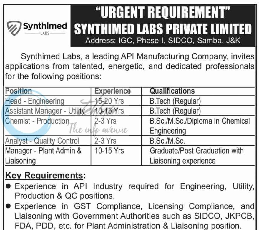Synthimed Labs Private Limited Samba Head Engineering Assistant Manager Utility Chemist Production job opportunities 2026