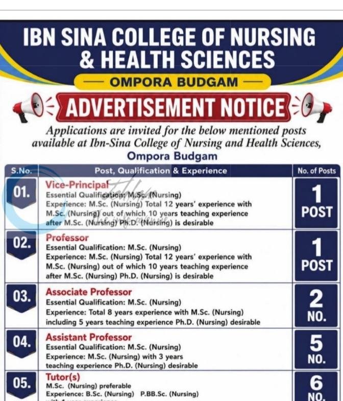 Ibn Sina College of Nursing and Health Sciences Budgam Vice-Principal Professor Associate Professor job opportunities 2026