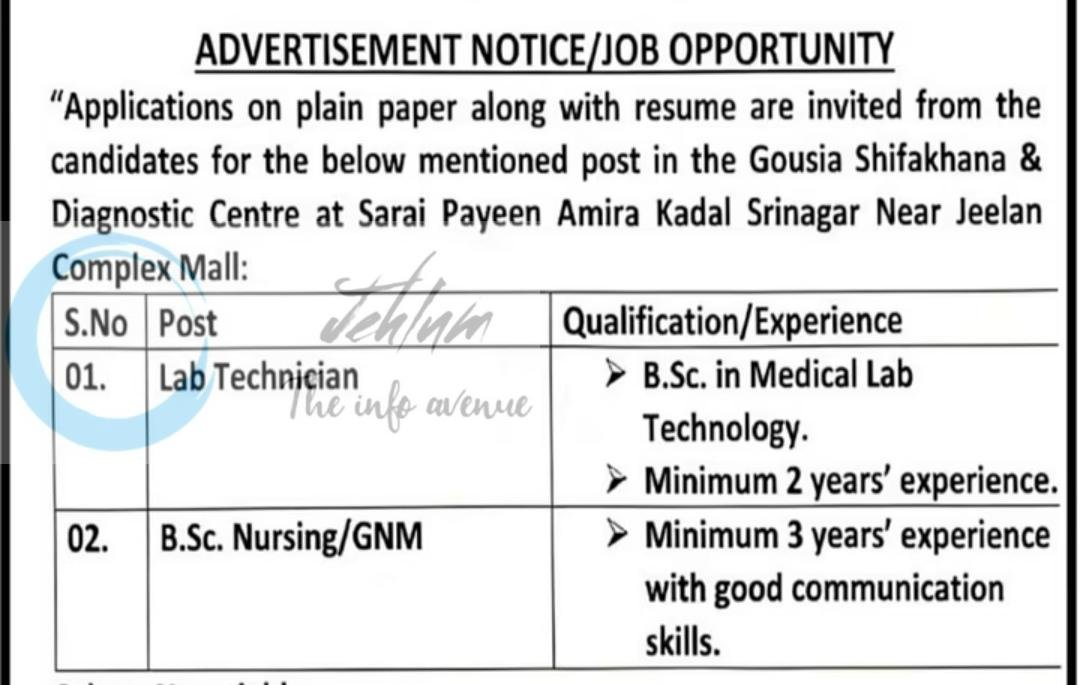 Gousia Shifakhana Diagnostic Centre Amira Kadal Srinagar Lab Technician Nursing job opportunities 2026