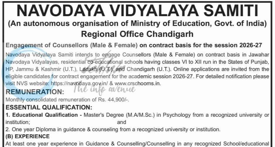 Navodaya Vidyalaya Samiti NVS Regional Office Chandigarh Contractual Counsellors job opportunities 2026-27 1 Navodaya Vidyalaya Samiti NVS Regional Office Chandigarh Contractual Counsellors job opportunities 2026-27