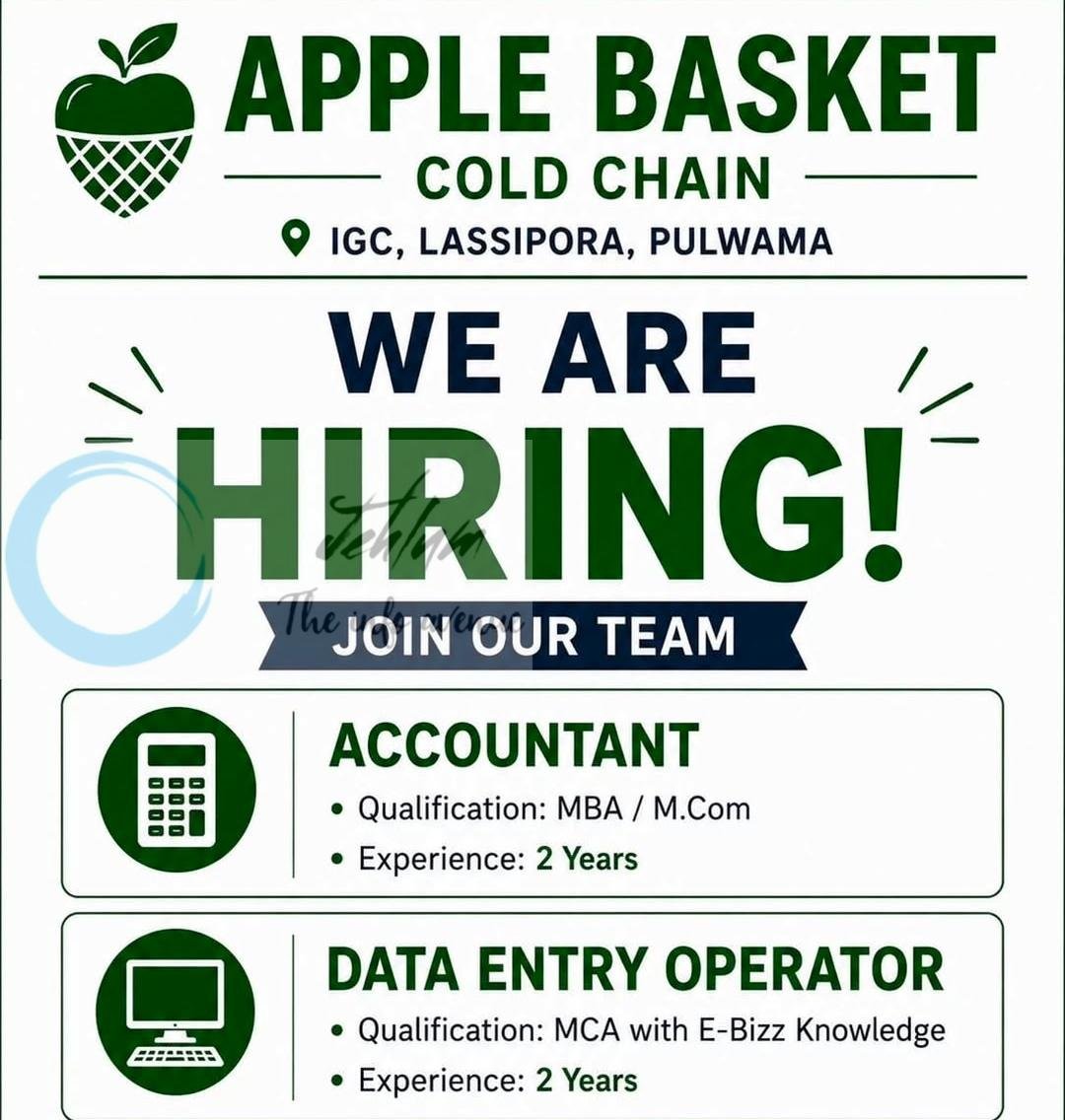 Apple Basket Cold Chain IGC Lassipora Pulwama Accountant Data Entry Operator job opportunities 2026 1 Apple Basket Cold Chain IGC Lassipora Pulwama Accountant Data Entry Operator job opportunities 2026