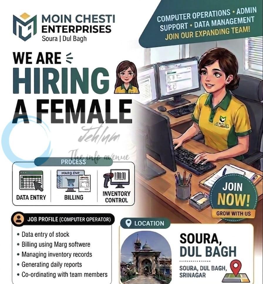 MOIN CHESTI ENTERPRISES MCE Srinagar Computer Operator job opportunities 2026 1 MOIN CHESTI ENTERPRISES MCE Srinagar Computer Operator job opportunities 2026