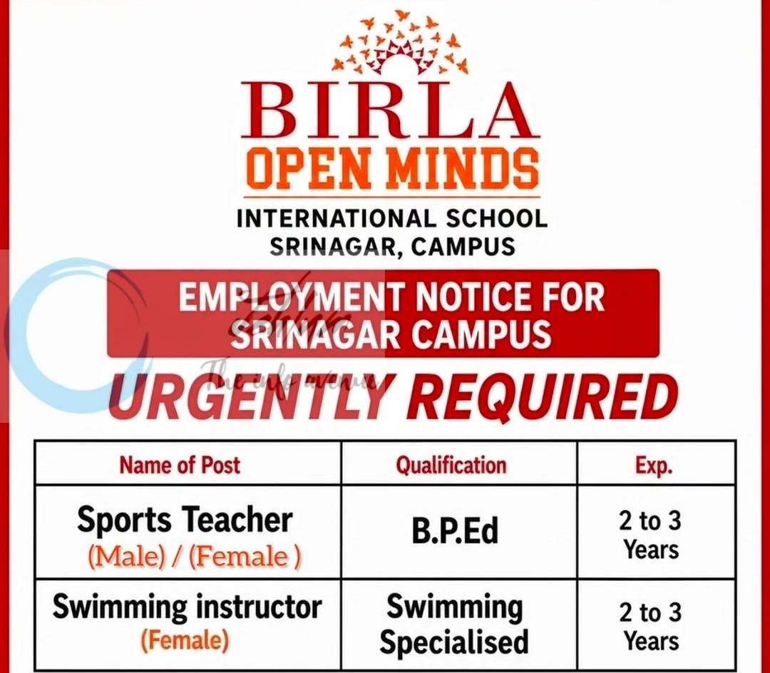 BIRLA OPEN MINDS BOMIS Srinagar Sports Teacher Swimming instructor job opportunities 2026