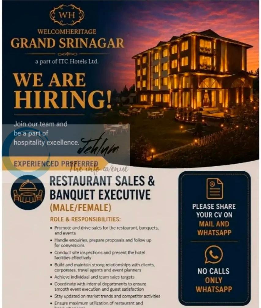 WELCOMHERITAGE GRAND SRINAGAR WH Srinagar Restaurant Sales Banquet Executive job opportunities 2026
