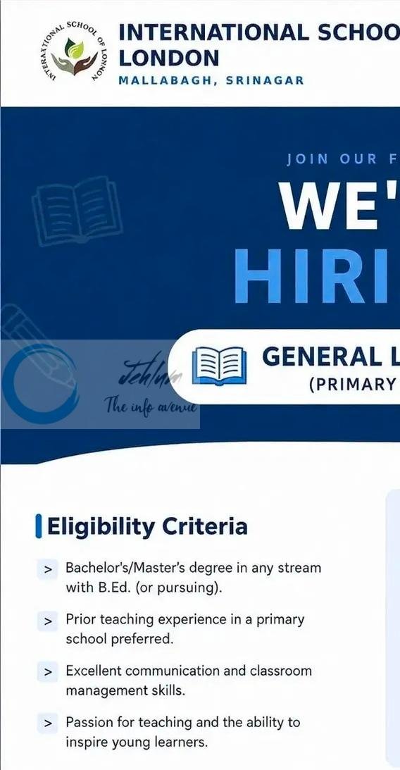 INTERNATIONAL SCHOOL OF LONDON ISL srinagar teaching job opportunities 2026