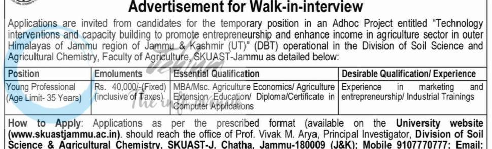 SKUAST Jammu Young Professional employment opportunities Walk in Interview notice AUJ/SS/DBT/TIC/26/27/193/196