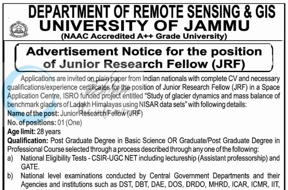 University of Jammu Remote Sensing GIS JRF employment opportunities notice PGD/RSandGIS/AKT/Project NISAR/26-2 1 University of Jammu Remote Sensing GIS JRF employment opportunities notice PGD/RSandGIS/AKT/Project NISAR/26-2