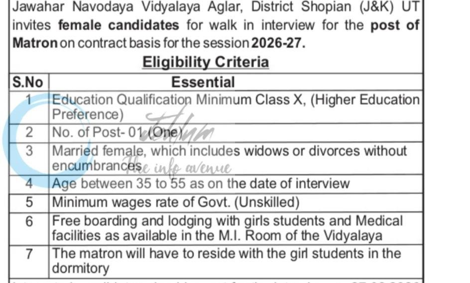 Jawahar Navodaya Vidyalaya JNV Aglar Shopian Matron employment opportunities Walk in 2026