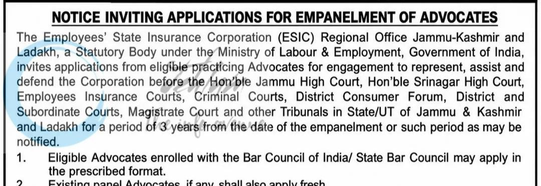 Employees State Insurance Corporation ESIC Regional Office Jammu Kashmir Advocates employment opportunities 2026