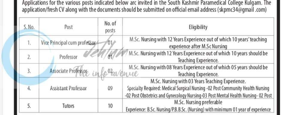 South Kashmir Paramedical College SKPMC Kulgam Nursing Faculty employment opportunities 2026
