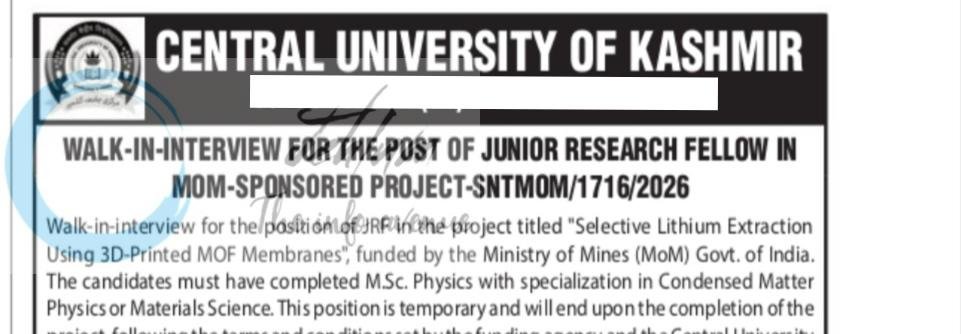 Central University of Kashmir CUK JRF employment opportunities 2026 1 Central University of Kashmir CUK JRF employment opportunities 2026