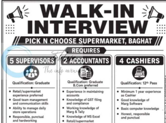 Pick N Choose Supermarket Baghat Srinagar Supervisors Accountants Cashiers job opportunities 2026