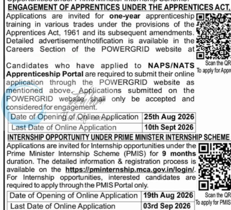 Power Grid Corporation of India Limited POWERGRID Apprenticeship/ PMIS Internship Advertisement Notice 2026 1 Power Grid Corporation of India Limited POWERGRID Apprenticeship/ PMIS Internship Advertisement Notice 2026