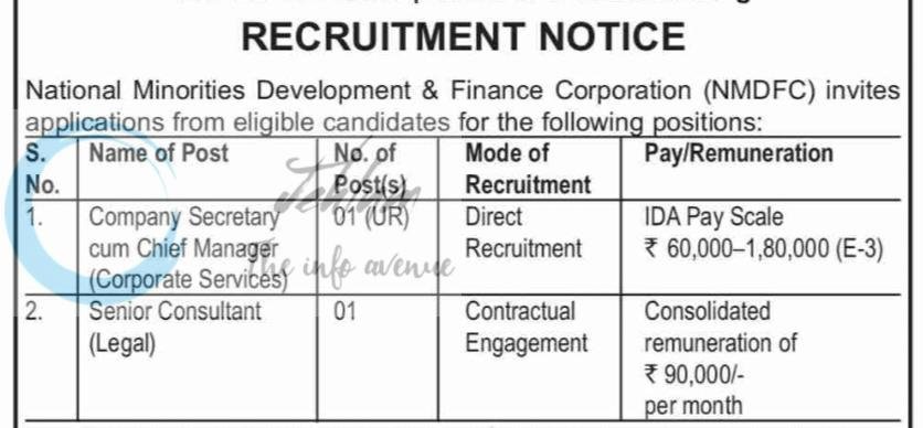 National Minorities Development and Finance Corporation NMDFC Company Secretary/ Chief Manager/ Senior Consultant Legal Recruitment Advertisement Notice 2026