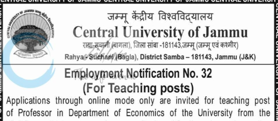 Central University of Jammu CUJ Department of Economics Samba Professor employment opportunities notice CUJ/Estab/T/EN-32/2026/986
