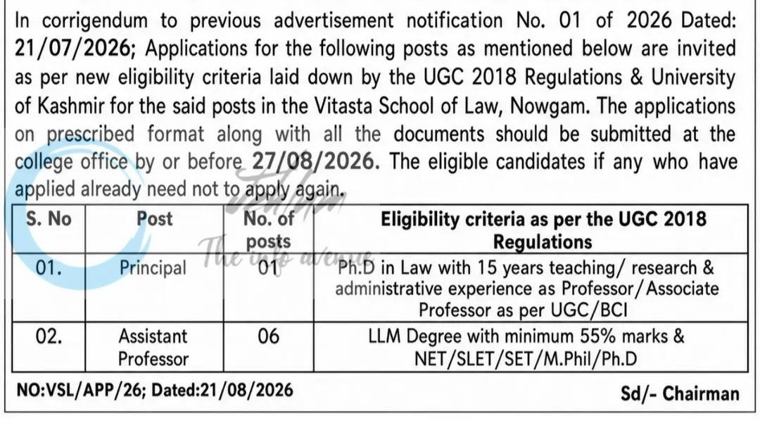Vitasta School of Law Srinagar Principal/ Assistant Professor Jobs Advertisement 01 of 2026