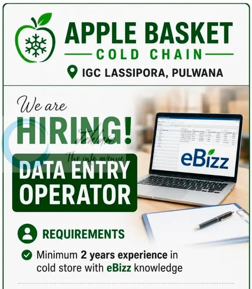 Apple Basket Cold Chain Pulwama Data Entry Operator employment opportunities 2026