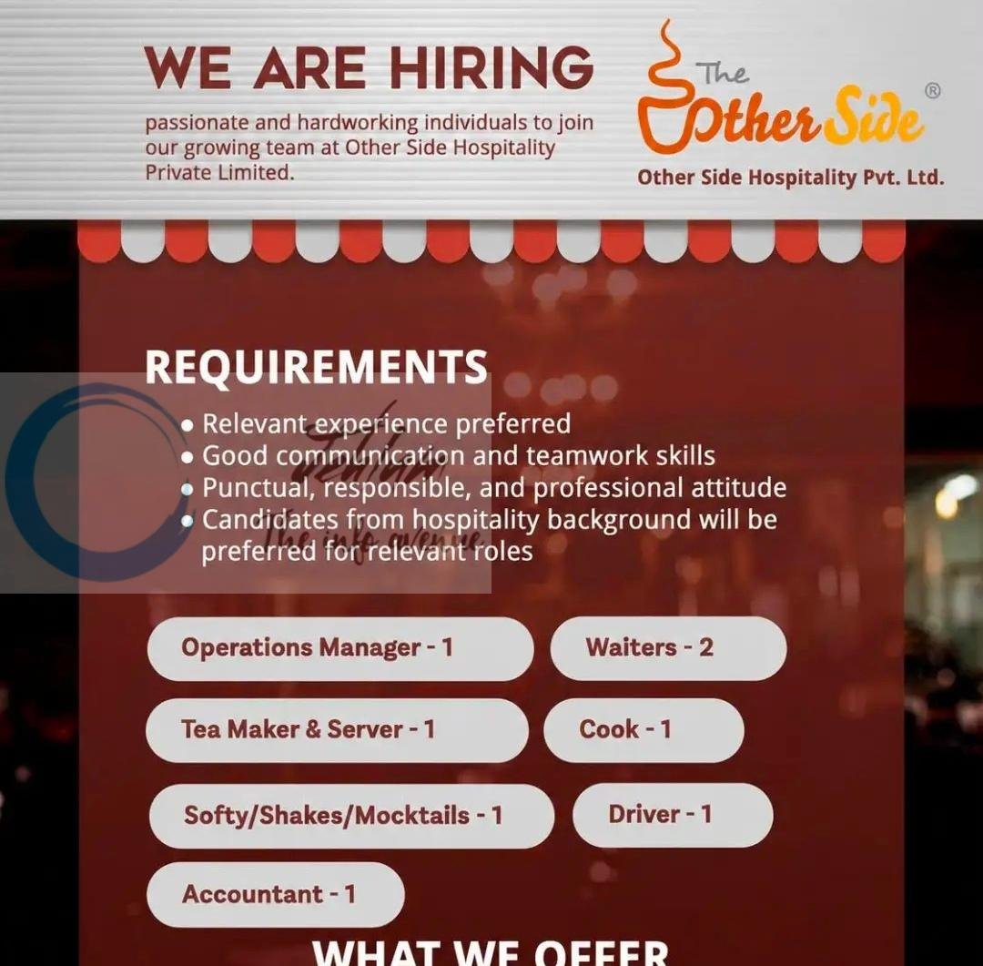 Other Side Hospitality Pvt Ltd Operations Manager Waiters Cook job opportunities 2026 1 Other Side Hospitality Pvt Ltd Operations Manager Waiters Cook job opportunities 2026