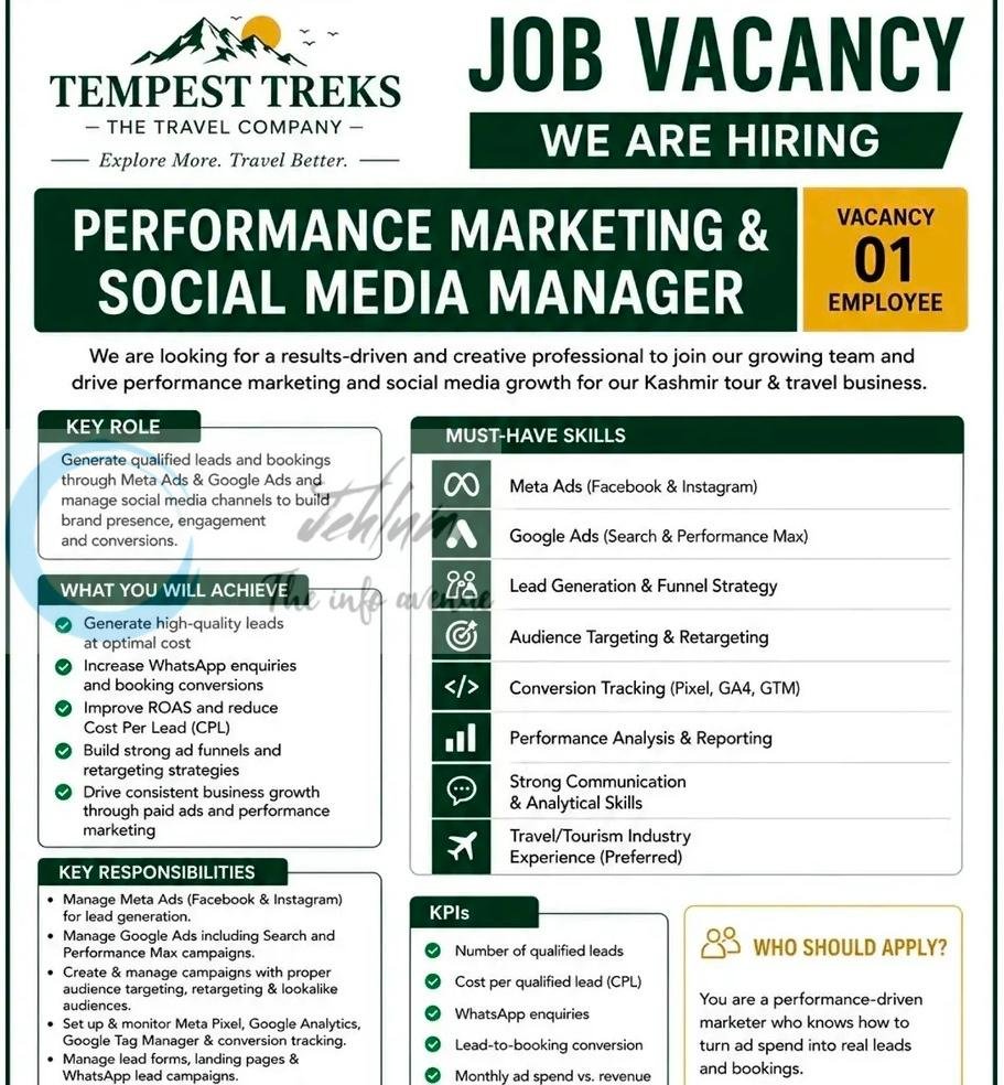 Tempest Treks srinagar Performance Marketing/Social Media Manager job opportunities 2026