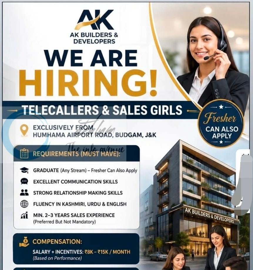AK BUILDERS DEVELOPERS Budgam Telecallers Sales Girls job opportunities 2026