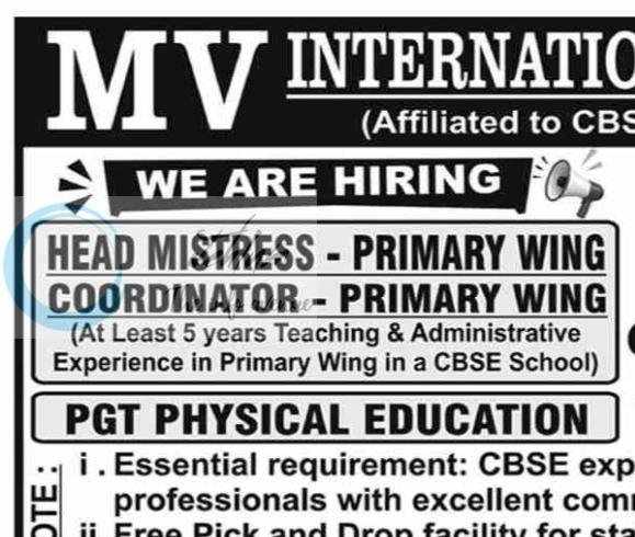 MV INTERNATIONAL SCHOOL Samba Head Mistress Coordinator Primary Wing PGT job opportunities 2026 1 MV INTERNATIONAL SCHOOL Samba Head Mistress Coordinator Primary Wing PGT job opportunities 2026