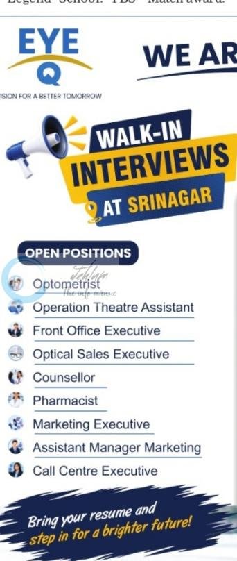 Eye Q Eye Hospital Srinagar Optometrist Counsellor Pharmacist job opportunities 2026