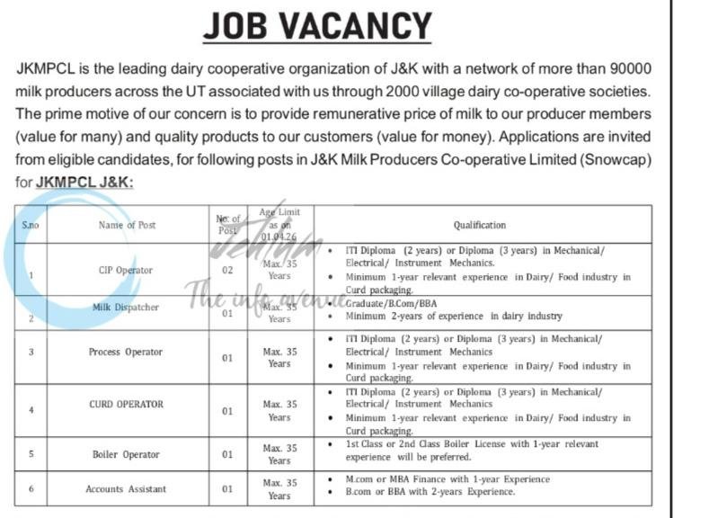 Jammu Kashmir Milk Producers Cooperative Limited JKMPCL Srinagar CIP Operator Accounts Assistant job opportunities notice JKMPCL/Corp/2026/27/197