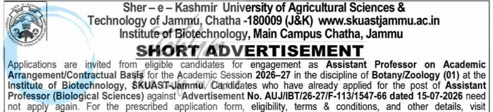SKUAST Jammu Institute of Biotechnology Chatha Assistant Professor Botany Zoology employment opportunities notice AUJ/IBT/26/276/F/113/2111/30